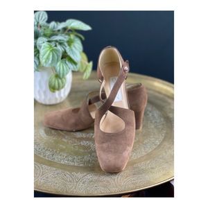 Vintage Calico Tan Suede Leather Dancing Shoes Cross Strap Block Heel Sz 7M